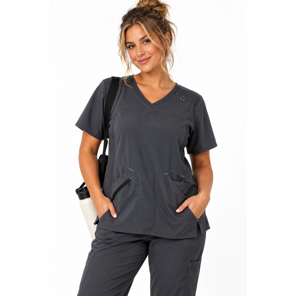 Healing Hands Scrub Top Womens 2XL Pewter Gray V-Neck Mesh Panel Workwear